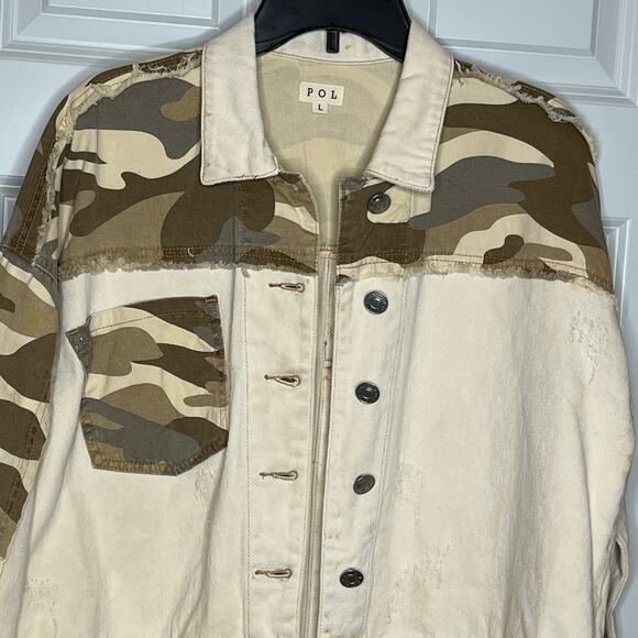 POL Tan Colorblock Camo Print Jean Jacket Large - Picture 1 of 9